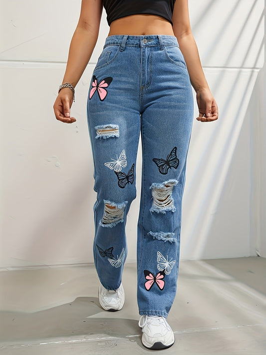 High Waisted Straight Leg Jeans For Women Trendy Butterfly Print Ripped Distressed Denim Pants - StoreTokTikHigh Waisted Straight Leg Jeans For Women Trendy Butterfly Print Ripped Distressed Denim Pants