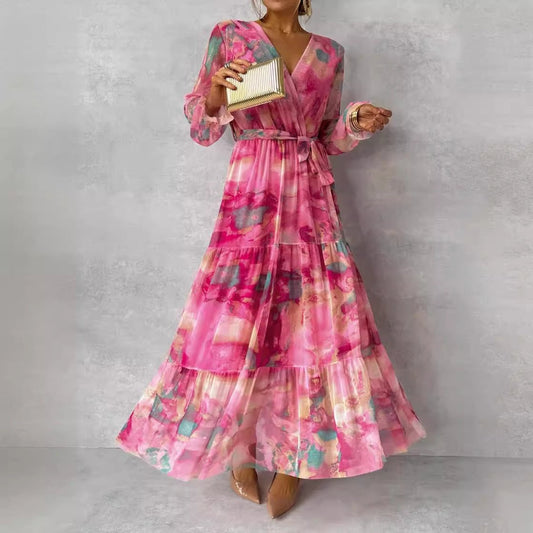 Long - sleeved Floral Print Dress Elegant V - neck Pleated High - waisted Big Swing Chiffon Maxi Dresses For Women Clothing - StoreTokTikLong - sleeved Floral Print Dress Elegant V - neck Pleated High - waisted Big Swing Chiffon Maxi Dresses For Women Clothing