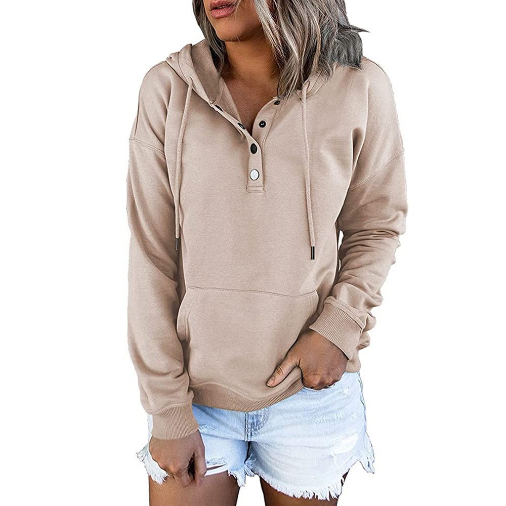 Long - sleeved Hooded Sweatshirt With Pockets Fashion Casual Button Drawstring Design Hoodie Top Spring And Autumn Sports Clothing For Women - StoreTokTikLong - sleeved Hooded Sweatshirt With Pockets Fashion Casual Button Drawstring Design Hoodie Top Spring And Autumn Sports Clothing For Women