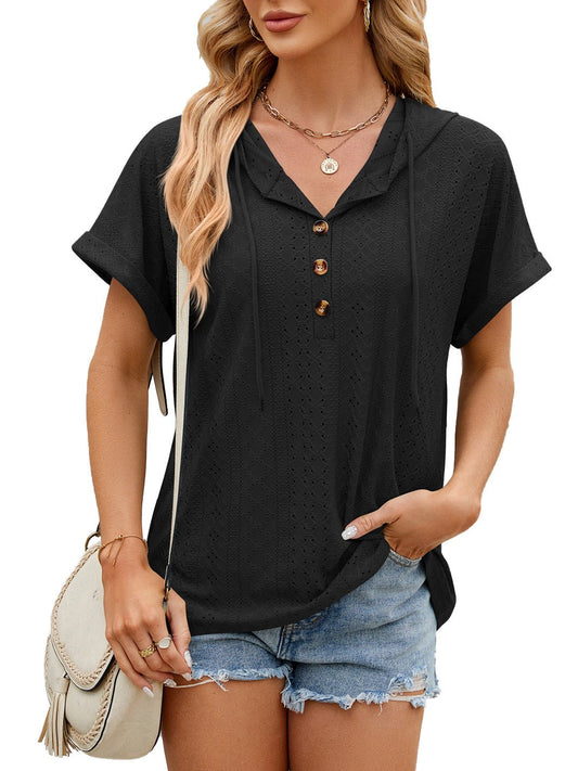 New Solid Color Hooded Button T-shirt Loose Hollow Design Short - sleeved Top For Womens Clothing - StoreTokTikNew Solid Color Hooded Button T-shirt Loose Hollow Design Short - sleeved Top For Womens Clothing