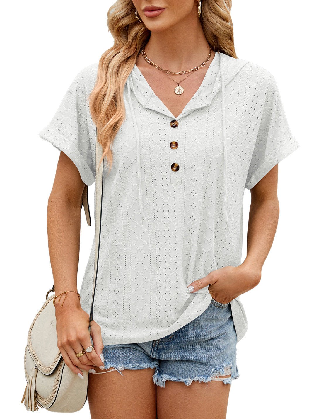New Solid Color Hooded Button T-shirt Loose Hollow Design Short - sleeved Top For Womens Clothing - StoreTokTikNew Solid Color Hooded Button T-shirt Loose Hollow Design Short - sleeved Top For Womens Clothing