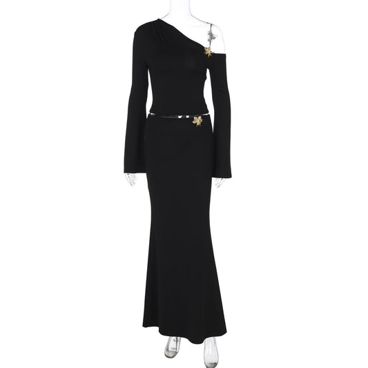 Sexy Slim Oblique Shoulder Skirt Suit With Flower Fashion Bell Sleeve Long Sleeve Top And High Waist Long Skirt Women Clothing - StoreTokTikSexy Slim Oblique Shoulder Skirt Suit With Flower Fashion Bell Sleeve Long Sleeve Top And High Waist Long Skirt Women Clothing
