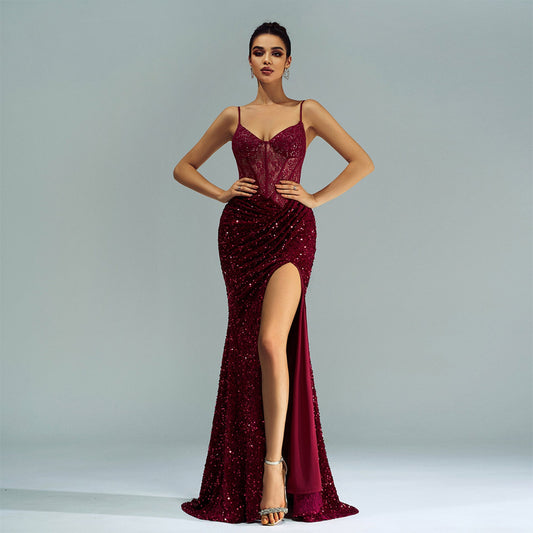 Spaghetti Straps Sleeveless Sequined High Slit Evening Dress - StoreTokTikSpaghetti Straps Sleeveless Sequined High Slit Evening Dress