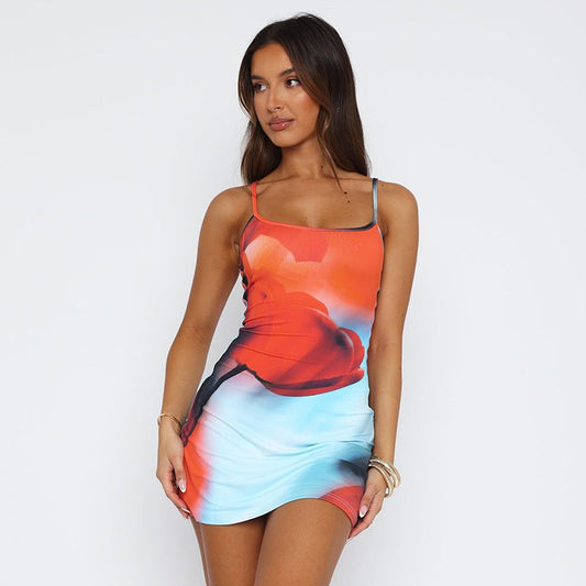 Summer Flowers Printed Suspender Dress Fashion Slim Square Neck Short Dresses Beach Clothing For Women - StoreTokTikSummer Flowers Printed Suspender Dress Fashion Slim Square Neck Short Dresses Beach Clothing For Women