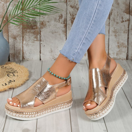 Summer Shiny Sandals Hollow Design Fish Mouth Sandal For Women Fashion Buckle Wedges Shoes - StoreTokTikSummer Shiny Sandals Hollow Design Fish Mouth Sandal For Women Fashion Buckle Wedges Shoes