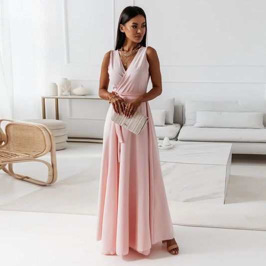 V - neck Sleeveless Dress With Belt Summer Fashion Party Club Evening Maxi Dresses For Women Clothing - StoreTokTikV - neck Sleeveless Dress With Belt Summer Fashion Party Club Evening Maxi Dresses For Women Clothing