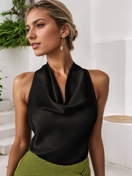 Women Solid Color Swing Collar Sleeveless Vest Trendy Elegant Shirt With Halter Neckline Backless Short Sleeve Tops Tshirts - StoreTokTikWomen Solid Color Swing Collar Sleeveless Vest Trendy Elegant Shirt With Halter Neckline Backless Short Sleeve Tops Tshirts